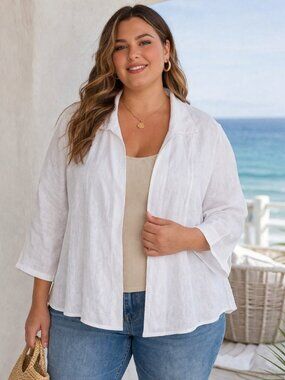 Talbots Linen Jacket Women 2X Plus White Open Front Lined Crop Coastal
